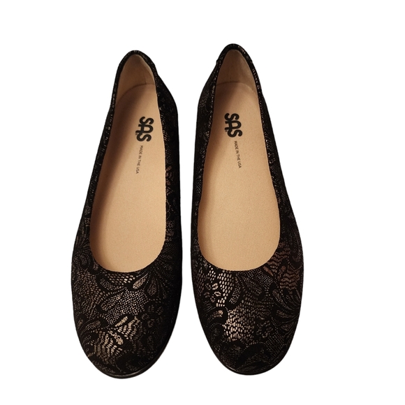 SAS Scenic Flats Black Suede Metallic Lace Print 6.5 Slim - Picture 5 of 11